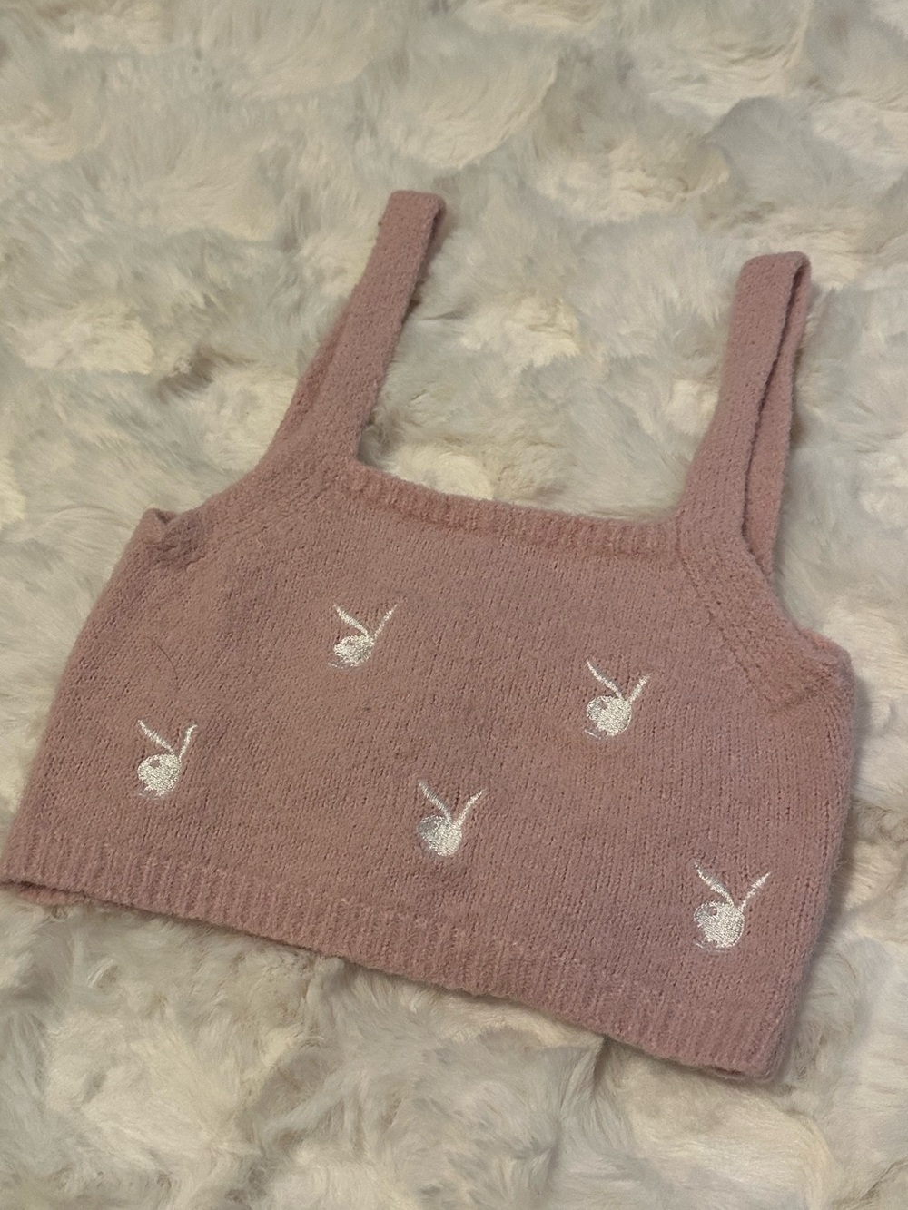 PLAYBOY Pink & White Bunny Embroidered Essential Chic Stylish Crop Tank - Picture 3 of 4